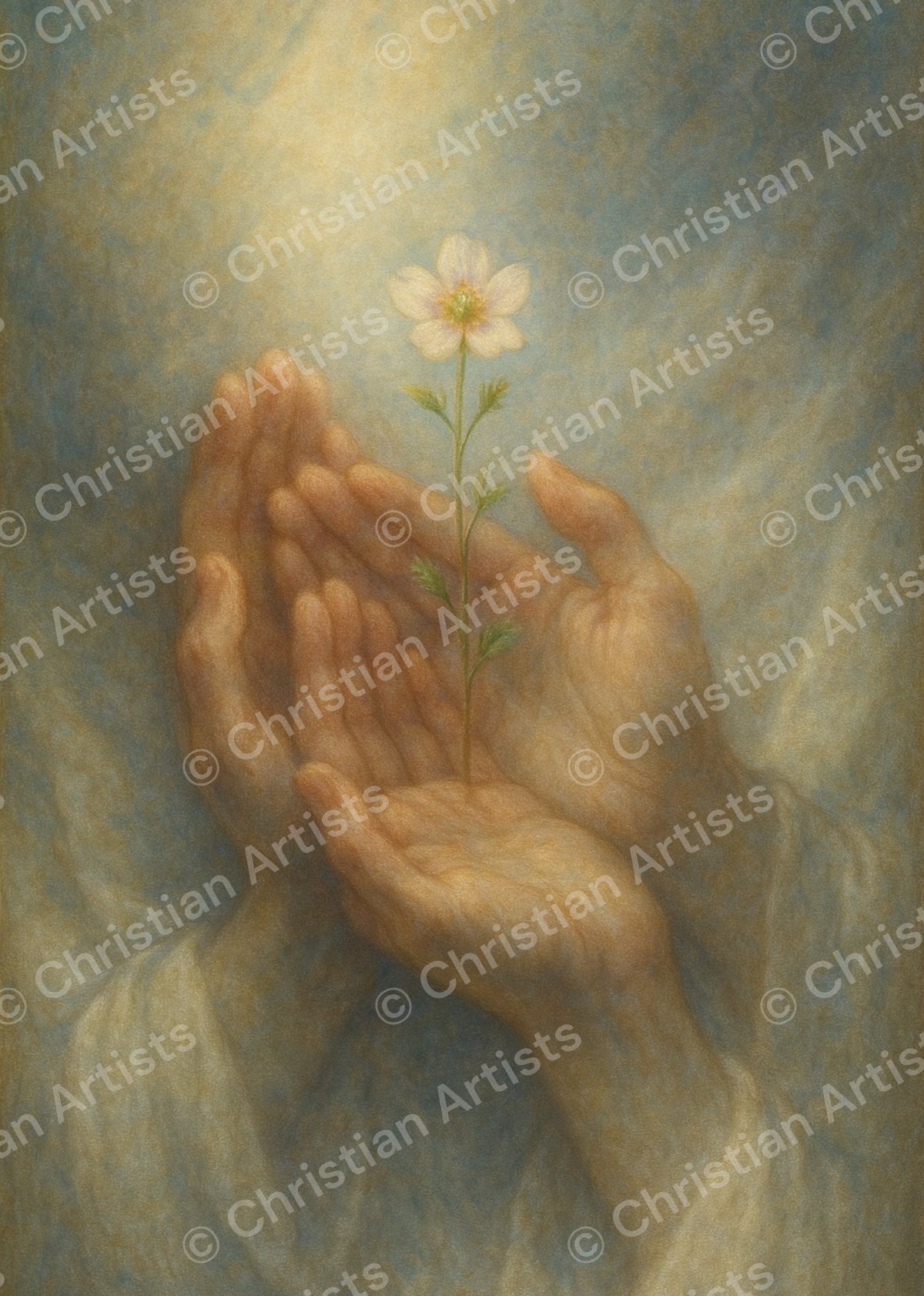 Three open hands cradling a small wildflower — inspired by 1 Corinthians 13:13