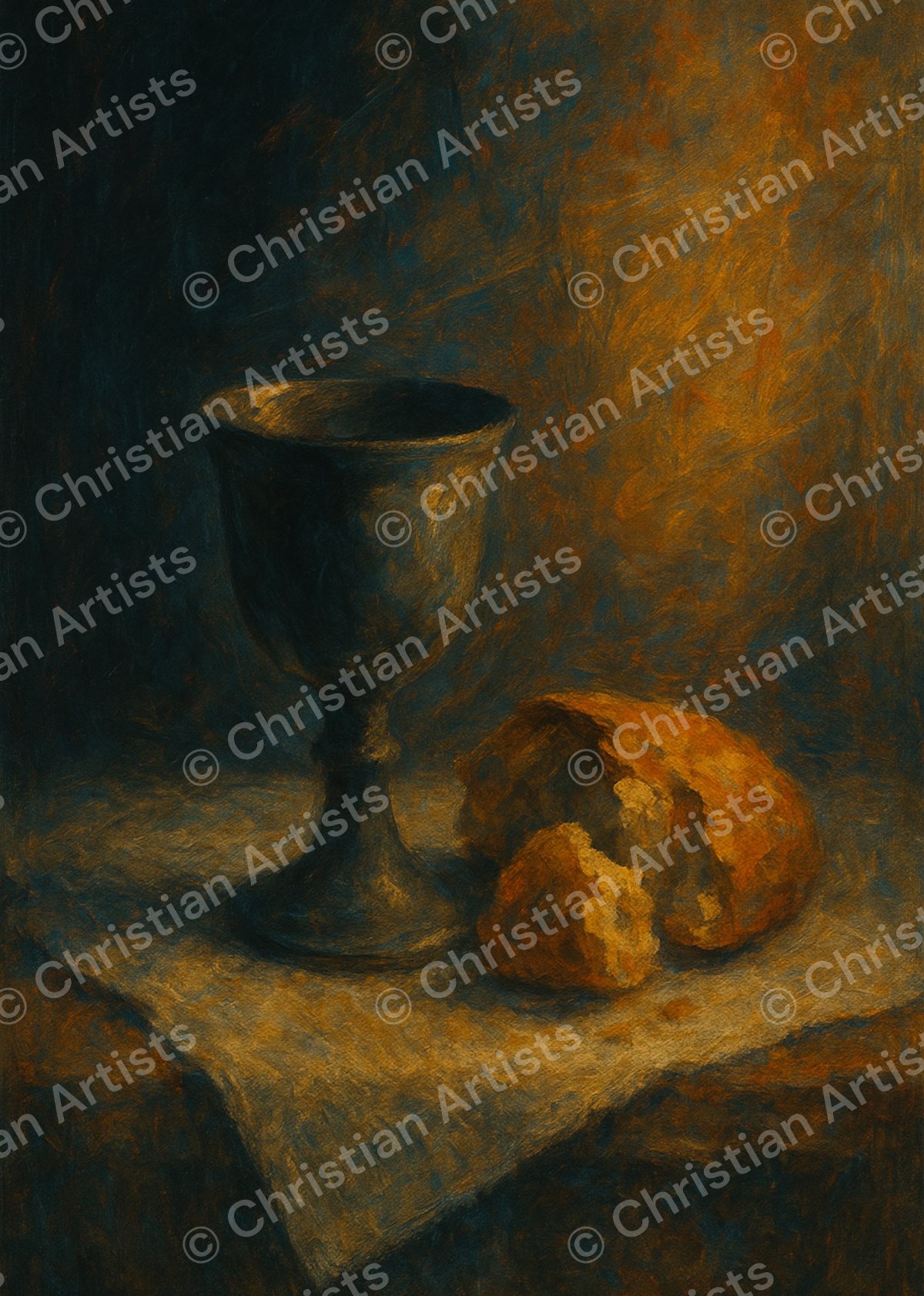 A chalice and broken bread on a simple linen cloth, rendered in a Christian abstract art style
