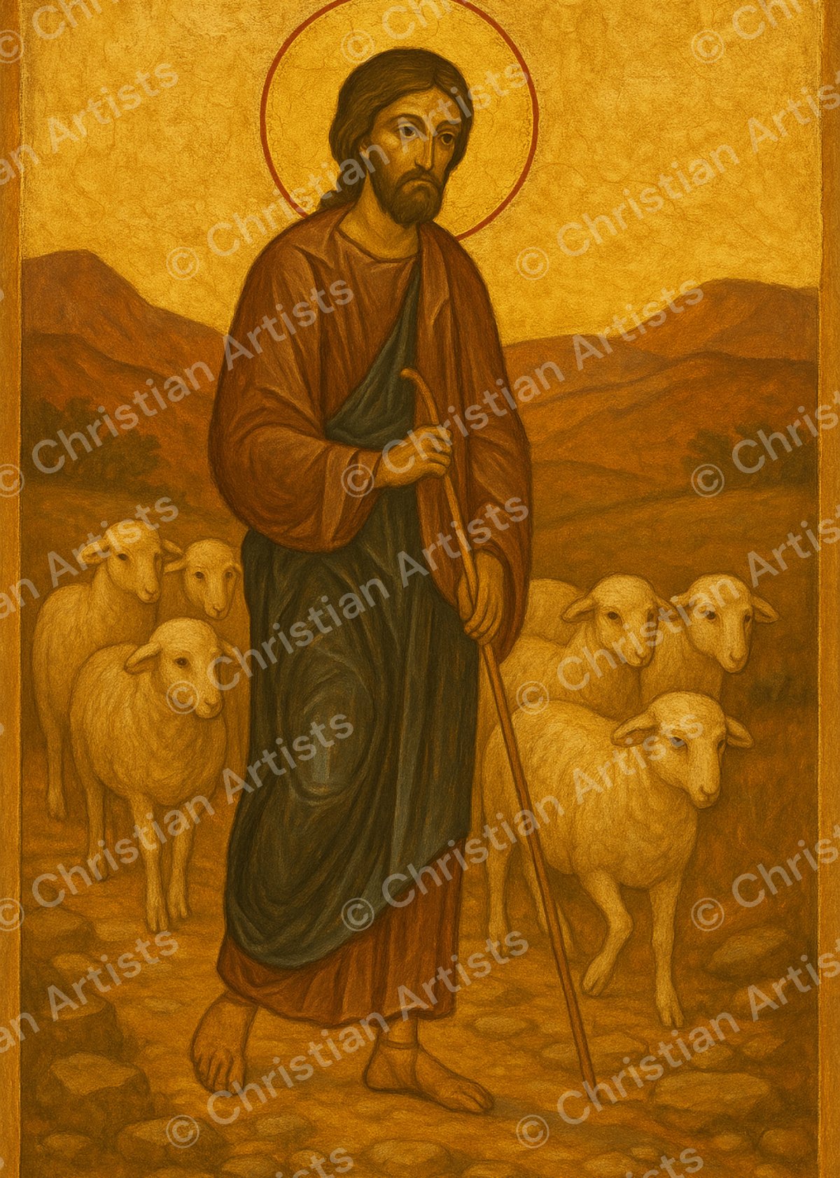 A shepherd in robes leading a small flock of sheep down a stony path at golden hour, rendered in a sacred Byzantine icon style
