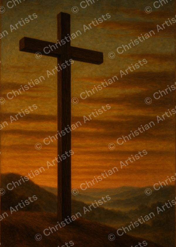 A simple wooden cross silhouetted against a sunset sky over a quiet hillside, rendered in a High Renaissance religious painting style