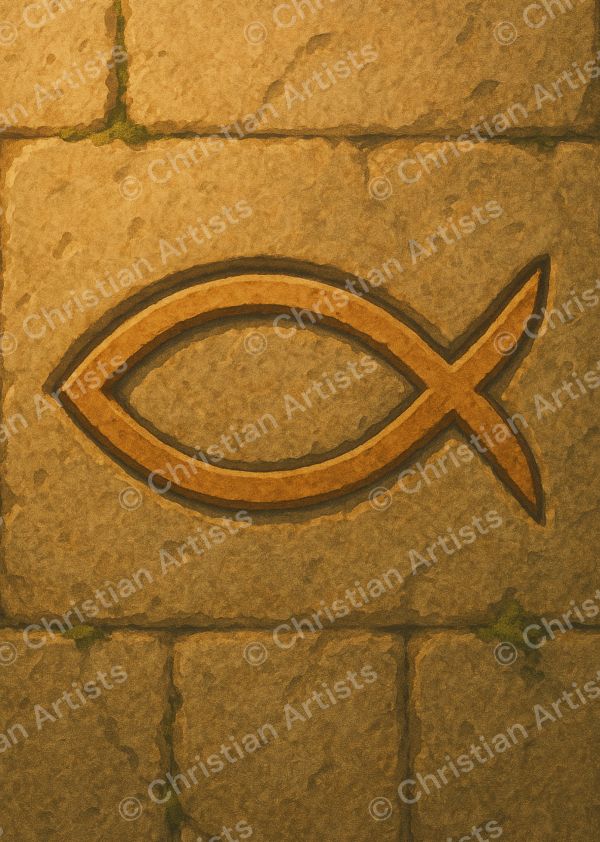 A single fish ichthus symbol carved into a weathered stone wall, rendered in a clean devotional illustration style
