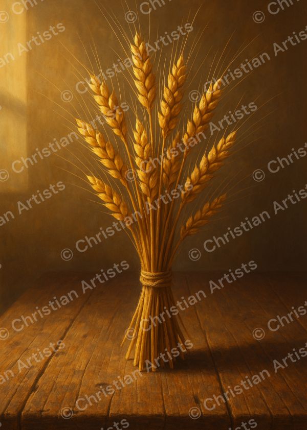 A single golden wheat sheaf bound with twine, rendered in a modern Christian digital painting style