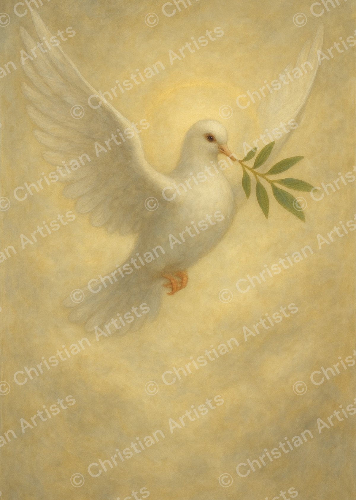 A single white dove in flight carrying an olive branch, rendered in a symbolist visionary sacred art style