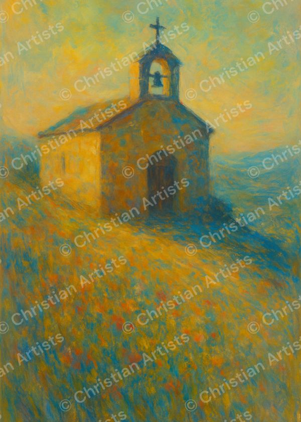 A small stone chapel on a hillside surrounded by wildflowers, rendered in a Christian abstract art style