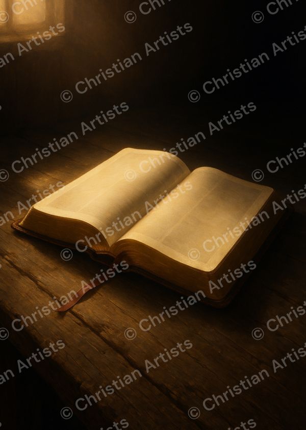An open Bible on weathered wood, rendered in a modern Christian digital painting style