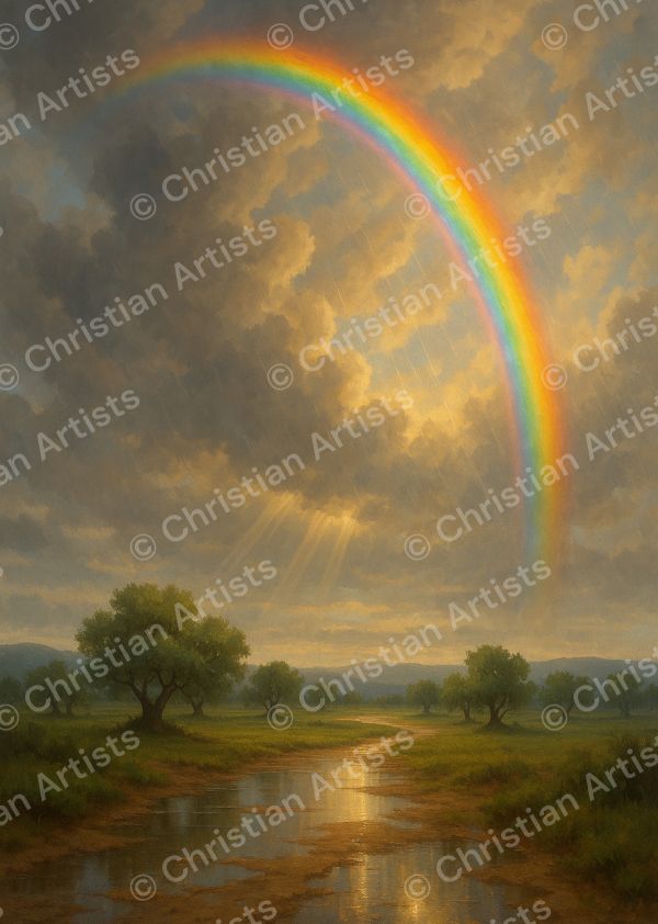 A vivid rainbow arching over a calm landscape after rain — inspired by Genesis 9:13