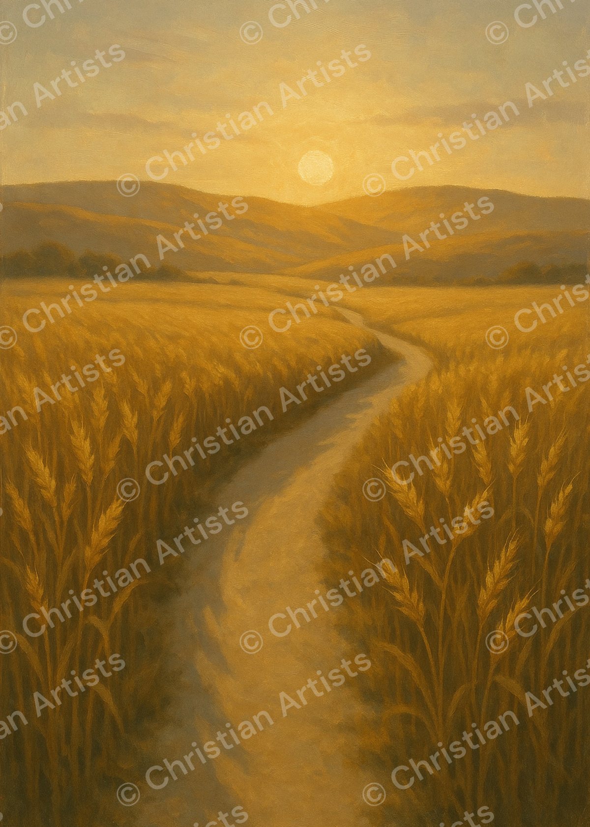 A winding path through wheat fields disappearing toward distant golden hills at sunrise — inspired by Jeremiah 29:11