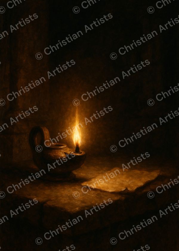 A single oil lamp glowing on a stone ledge in a darkened ancient room — inspired by John 8:12