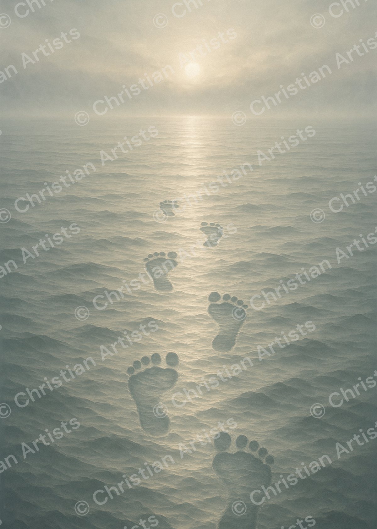 Rippling sea surface at dawn with two sets of footprints visible on the water — inspired by Matthew 14:29
