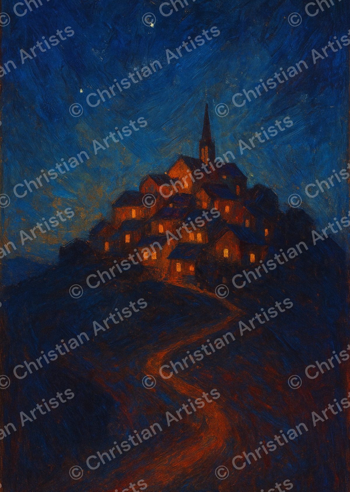 A small hilltop village glowing with warm window lights against a deep twilight sky — inspired by Matthew 5:14