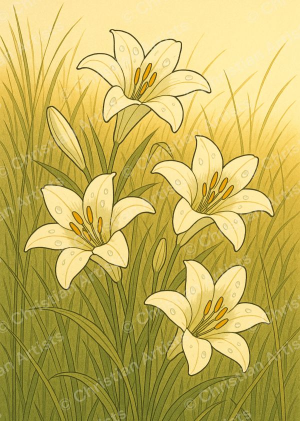 A cluster of white field lilies in long grass — inspired by Matthew 6:28-29