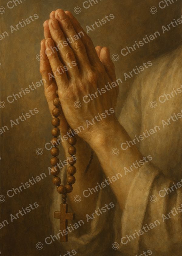 Praying hands holding a string of wooden prayer beads, rendered in a contemporary Christian fine-art painting style