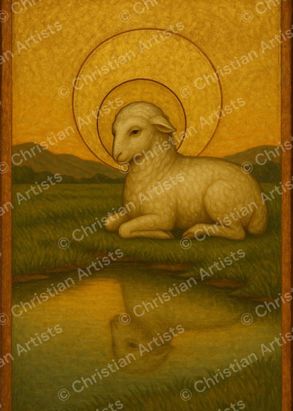 A single white sheep resting beside still water in a green meadow at sunrise — inspired by Psalm 23:1-2